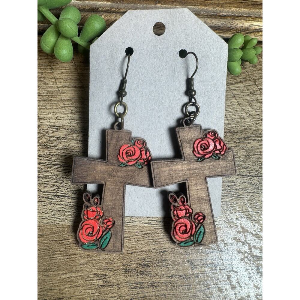 Handmade Cross Earrings Wooden Christian Dangle Earrings Boho Style Lightweight